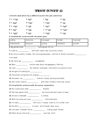 Bài tập bổ trợ Tiếng Anh Lớp 8 Global Success - Test 1 (Kèm đáp án)