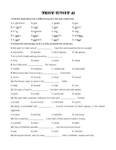 Bài tập bổ trợ Tiếng Anh Lớp 8 Global Success - Test 4 (Kèm đáp án)