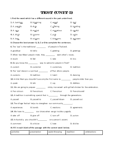 Bài tập bổ trợ Tiếng Anh Lớp 8 Global Success - Test 5 (Kèm đáp án)