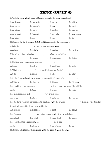 Bài tập bổ trợ Tiếng Anh Lớp 8 Global Success - Test 6 (Kèm đáp án)