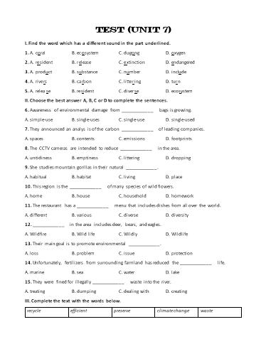 Bài tập bổ trợ Tiếng Anh Lớp 8 Global Success - Test 7 (Kèm đáp án)