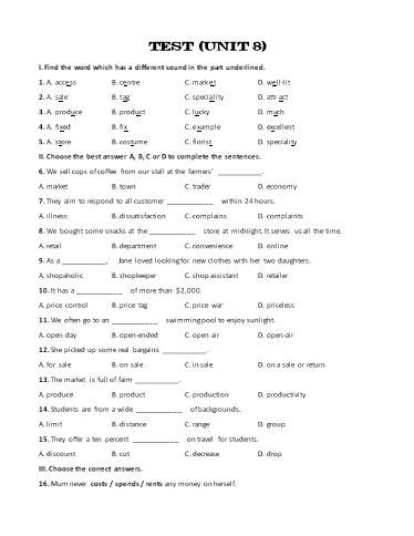 Bài tập bổ trợ Tiếng Anh Lớp 8 Global Success - Test 8 (Kèm đáp án)