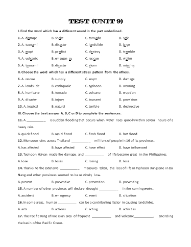 Bài tập bổ trợ Tiếng Anh Lớp 8 Global Success - Test 9 (Kèm đáp án)