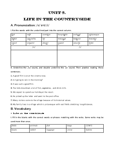 Bài tập bổ trợ Tiếng Anh Lớp 8 Global Success - Unit 2: Life in the countryside (Kèm đáp án)
