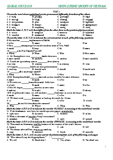 Bài tập bổ trợ Tiếng Anh Lớp 8 Global Success - Unit 4: Ethnic groups of Vietnam (Có đáp án)