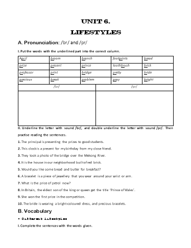 Bài tập bổ trợ Tiếng Anh Lớp 8 Global Success - Unit 6: Lifestyles (Kèm đáp án)