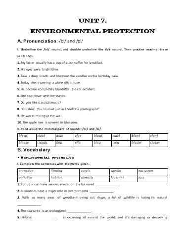 Bài tập bổ trợ Tiếng Anh Lớp 8 Global Success - Unit 7: Environmental protection (Kèm đáp án)