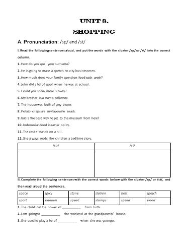 Bài tập bổ trợ Tiếng Anh Lớp 8 Global Success - Unit 8: Shopping (Kèm đáp án)