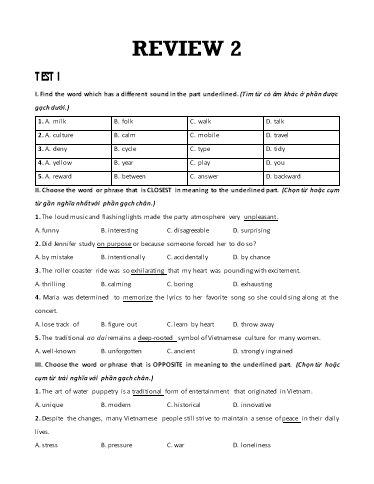 Bài tập bổ trợ Tiếng Anh Lớp 9 Global Success - Review 2 (Có đáp án)