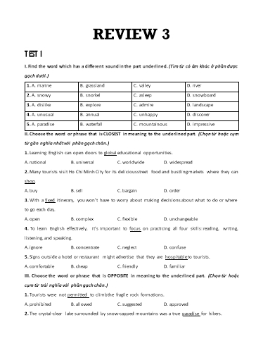 Bài tập bổ trợ Tiếng Anh Lớp 9 Global Success - Review 3 (Có đáp án)