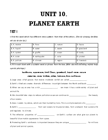 Bài tập bổ trợ Tiếng Anh Lớp 9 Global Success - Unit 10: Planet earth (Có đáp án)