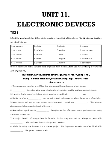 Bài tập bổ trợ Tiếng Anh Lớp 9 Global Success - Unit 11: Electronic devices (Có đáp án)