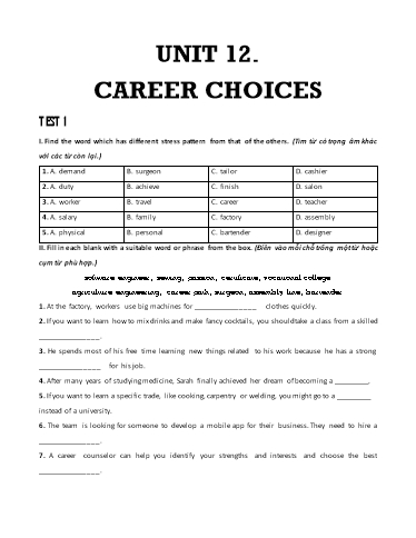 Bài tập bổ trợ Tiếng Anh Lớp 9 Global Success - Unit 12: Career choices (Có đáp án)