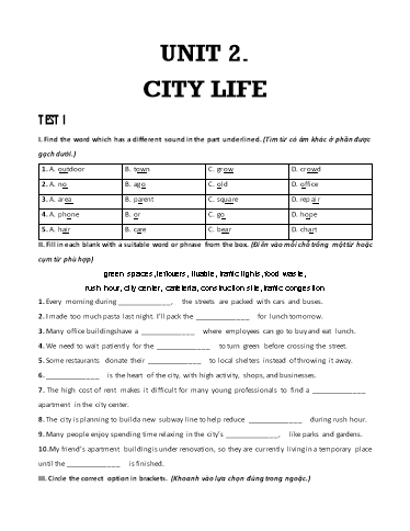 Bài tập bổ trợ Tiếng Anh Lớp 9 Global Success - Unit 2: City life (Có đáp án)