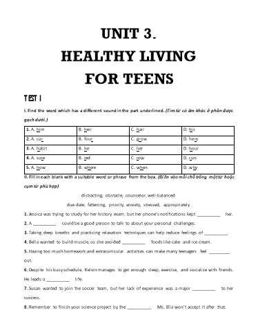 Bài tập bổ trợ Tiếng Anh Lớp 9 Global Success - Unit 3: Healthy living for teens (Có đáp án)