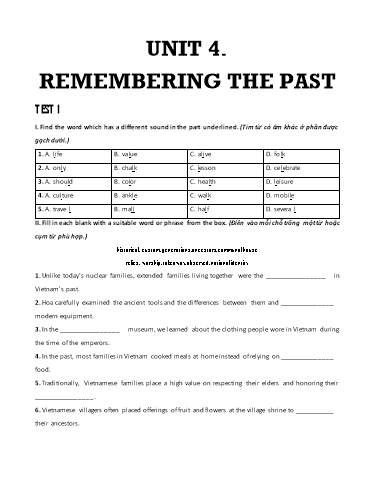 Bài tập bổ trợ Tiếng Anh Lớp 9 Global Success - Unit 4: Remembering the past (Có đáp án)