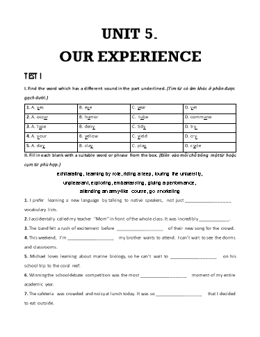 Bài tập bổ trợ Tiếng Anh Lớp 9 Global Success - Unit 5: Our experiences (Có đáp án)
