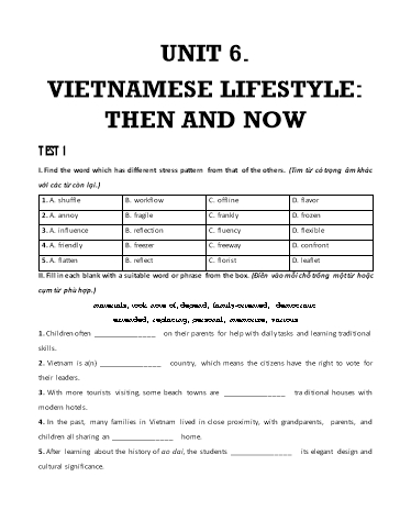 Bài tập bổ trợ Tiếng Anh Lớp 9 Global Success - Unit 6: Vietnamese lifestyle. Then and now (Có đáp án)