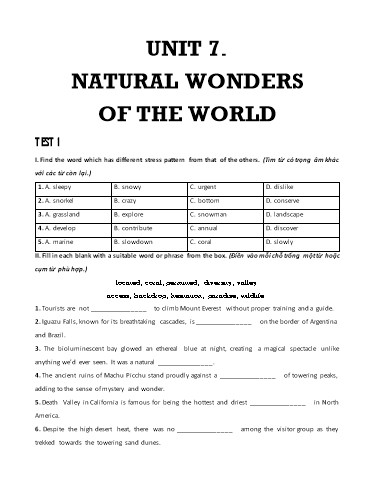 Bài tập bổ trợ Tiếng Anh Lớp 9 Global Success - Unit 7: Natural wonders of the world (Có đáp án)