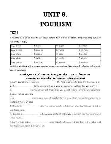 Bài tập bổ trợ Tiếng Anh Lớp 9 Global Success - Unit 8: Tourism (Có đáp án)