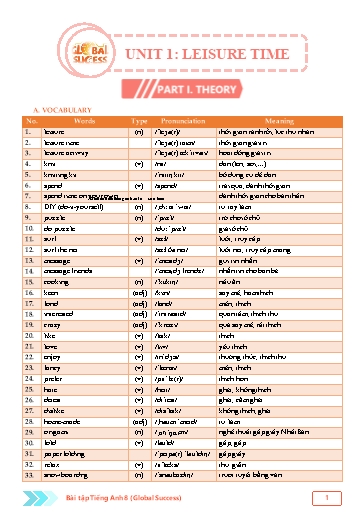 Bài tập củng cố Tiếng Anh Lớp 8 Global Success - Unit 1: Leisure time (Có file nghe và đáp án)