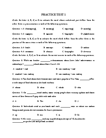Bài tập luyện tập Tiếng Anh Lớp 12 Global Success - Test 1 (Có đáp án)