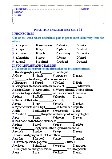 Bài tập luyện tập Tiếng Anh Lớp 6 Global Success - Unit 11 (Có đáp án)