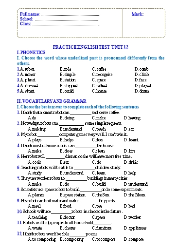 Bài tập luyện tập Tiếng Anh Lớp 6 Global Success - Unit 12 (Có đáp án) Bài tập luyện tập Tiếng Anh Lớp 6 Global Success - Unit 12 (Có đáp án)