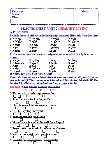 Bài tập luyện tập Tiếng Anh Lớp 7 Global Success - Unit 2: Healthy living