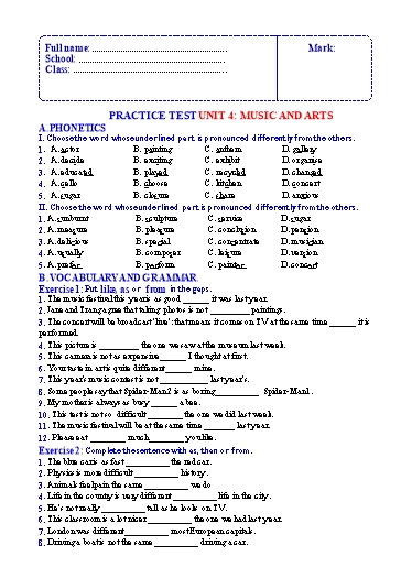 Bài tập luyện tập Tiếng Anh Lớp 7 Global Success - Unit 4: Music and arts