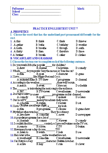 Bài tập luyện tập Tiếng Anh Lớp 7 Global Success - Unit 7: Traffic
