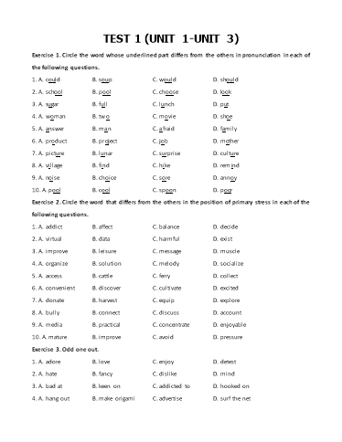 Bài tập môn Tiếng Anh Lớp 8 Global Success - Test 1: Unit 1-3 (Có đáp án)