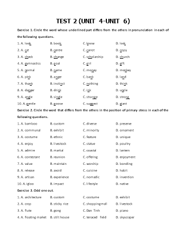 Bài tập môn Tiếng Anh Lớp 8 Global Success - Test 2: Unit 4-6 (Có đáp án)