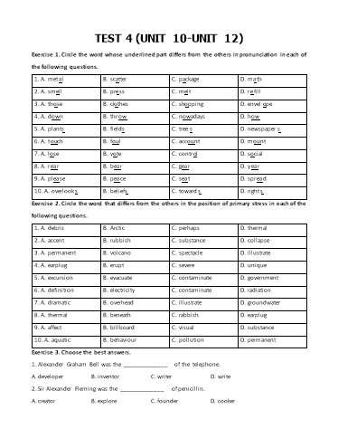 Bài tập môn Tiếng Anh Lớp 8 Global Success - Test 4: Unit 10-12 (Có đáp án)