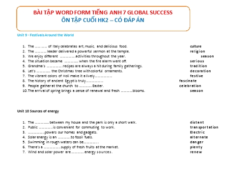 Bài tập ôn tập cuối học kì 2 Tiếng Anh Lớp 7 Global Success - Phần: Từ loại (Có đáp án)