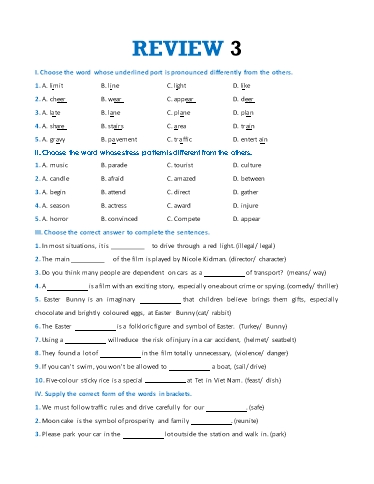Bài tập thực hành Tiếng Anh Lớp 7 Global Success - Review 3: Unit 7+8+9 (Có đáp án)