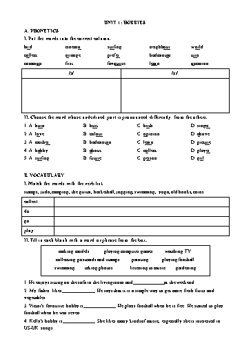 Bài tập thực hành Tiếng Anh Lớp 7 Global Success - Unit 1: Hobbies (Có đáp án)