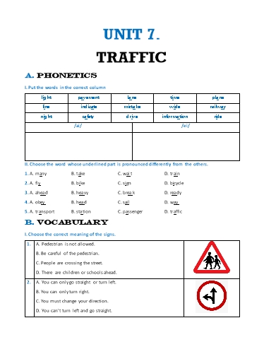 Bài tập thực hành Tiếng Anh Lớp 7 Global Success - Unit 7: Traffic (Có đáp án)