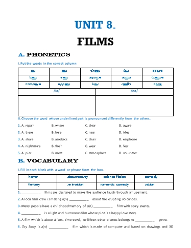 Bài tập thực hành Tiếng Anh Lớp 7 Global Success - Unit 8: Films (Có đáp án)