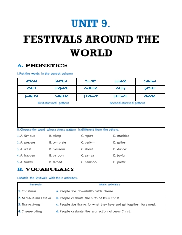 Bài tập thực hành Tiếng Anh Lớp 7 Global Success - Unit 9: Festivals around the world (Có đáp án)