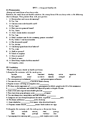 Bài tập Tiếng Anh Lớp 11 Global Success - Unit 1: A long and healthy life (Có đáp án)