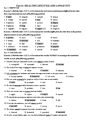 Bài tập Tiếng Anh Lớp 11 Global Success - Unit 10: Healthy lifestyle and longevity (Kèm đáp án)