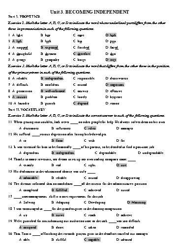 Bài tập Tiếng Anh Lớp 11 Global Success - Unit 3: Becoming independent (Kèm đáp án)