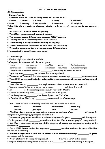 Bài tập Tiếng Anh Lớp 11 Global Success - Unit 4: Asean and Viet Nam (Có đáp án)