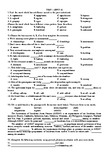 Bài tập Tiếng Anh Lớp 11 Global Success - Unit 4: Test 1 (Có đáp án)
