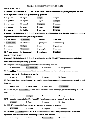 Bài tập Tiếng Anh Lớp 11 Global Success - Unit 5: Being part of Asean (Kèm đáp án)