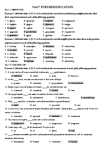 Bài tập Tiếng Anh Lớp 11 Global Success - Unit 7: Further education (Kèm đáp án)