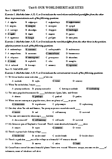 Bài tập Tiếng Anh Lớp 11 Global Success - Unit 8: Our world heritage sites (Kèm đáp án)