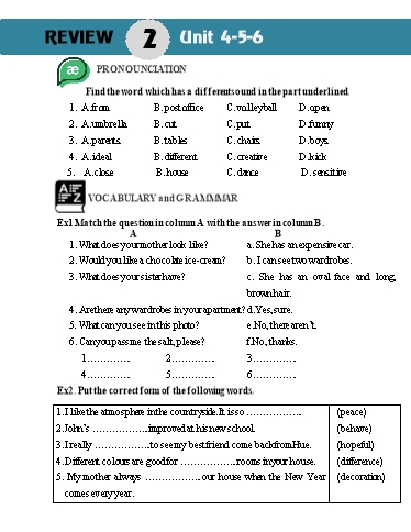 Bài tập Tiếng Anh Lớp 6 Global Success - Review 2: Unit 4+5+6 (Có file nghe và đáp án) Bài tập Tiếng Anh Lớp 6 Global Success - Review 2: Unit 4+5+6 (Có file nghe và đáp án)