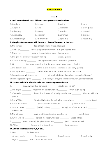Bài tập Tiếng Anh Lớp 8 Global Success - Test yourself 3: Unit 7+8+9